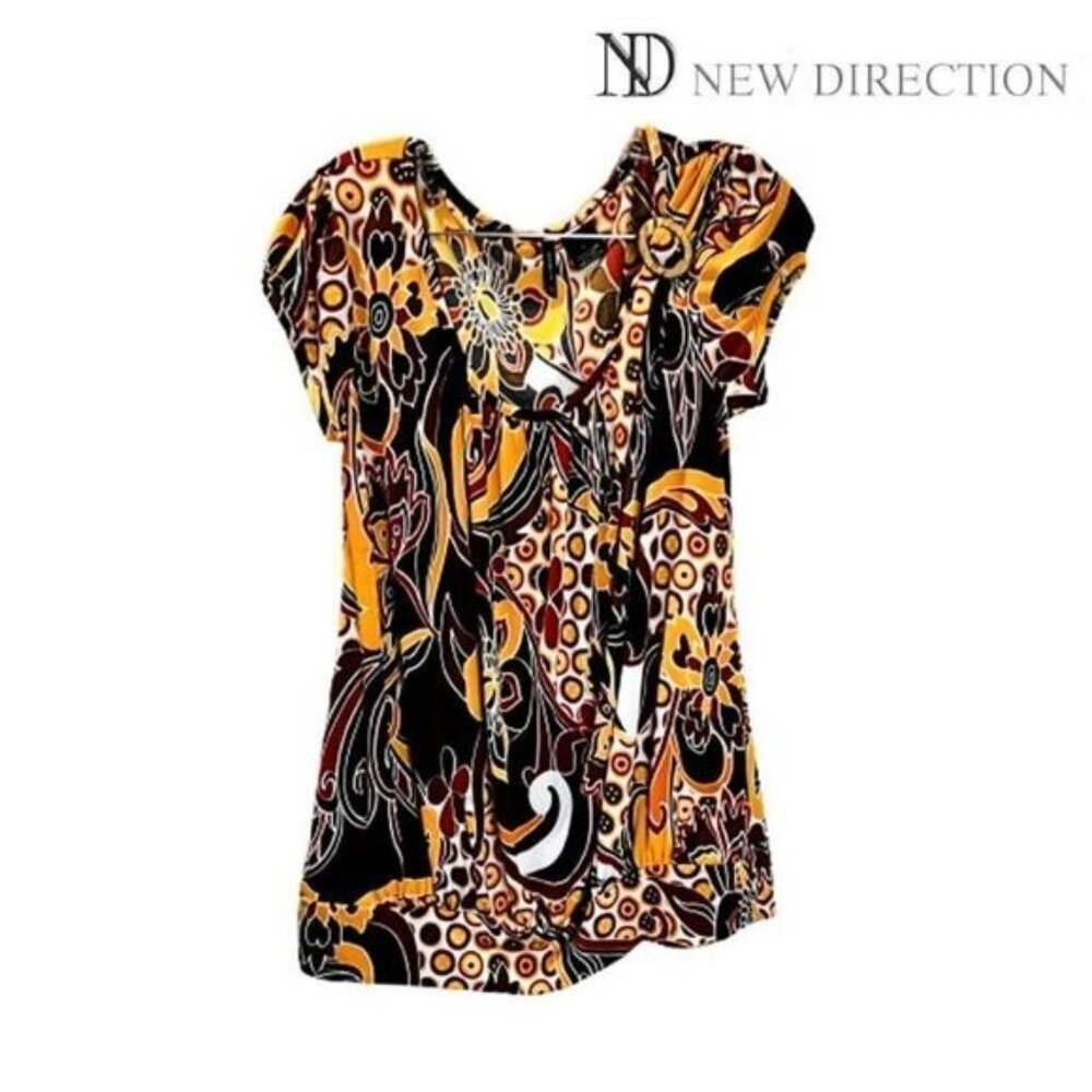 New Directions Women's Scoop Neck Short Sleeve‎ Pleated Front Blouse Tunic